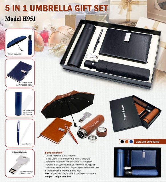 5 in 1 umbrella gift set modal h951 umbrella, metal plate, flask, metal pen, pendrive